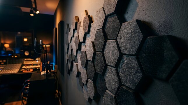 Hexagonal acoustic foam panels installed on a recording studio wall
