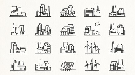 Fototapeta premium Industrial facility icons showing factories, refineries, power plants, wind turbines, hydroelectric dams, clean minimalist black line design.