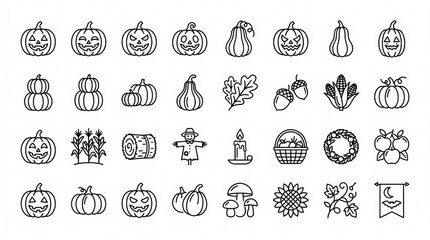 Fototapeta premium Pumpkin Harvest Halloween Icons Autumn Vector Seasonal Collection