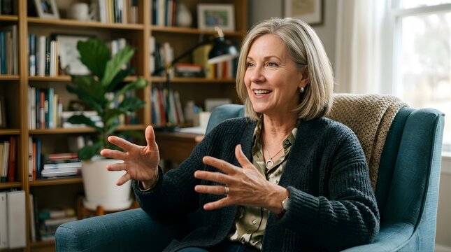 Mature woman talking and gesturing while sitting in an armchair at home