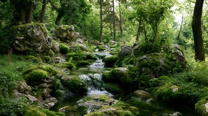 Fototapeta premium Tranquil Stream Flowing Through Lush Green Forest Surrounded by Mossy Rocks and Vibrant Foliage in a Serene Natural Landscape