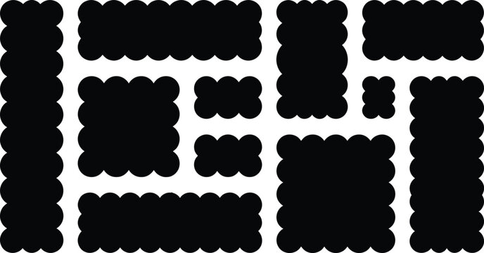 Bubble scalloped frame set with black cloud edge borders in square and rectangle shapes, ideal for labels, stickers, tags, and scrapbook craft projects