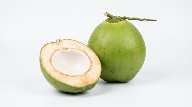 Fresh young green coconut fruit whole and cut in half isolated on white background