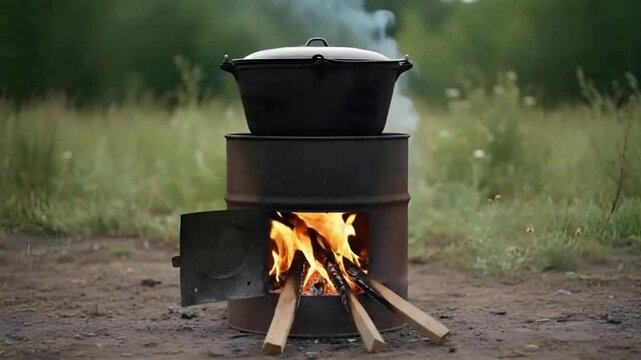 Traditional Outdoor Wood Burning Stove with Large Cooking Pot Over Open Fire in a Rustic Countryside Setting