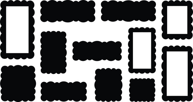 Scalloped frame set with black wavy edge borders in square and rectangle shapes, great for labels, stickers, photo frames, and scrapbook design projects