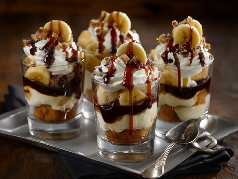 Mini banana split desserts served in small glass cups with layered ice cream, banana slices and syrup, elegant party dessert presentation