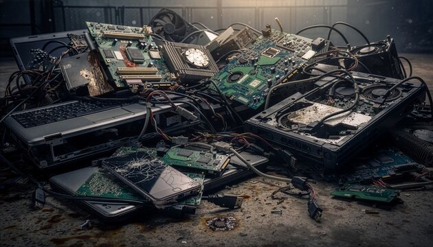 Discarded electronic waste including broken smartphones, circuit boards, tangled cables, and old laptops