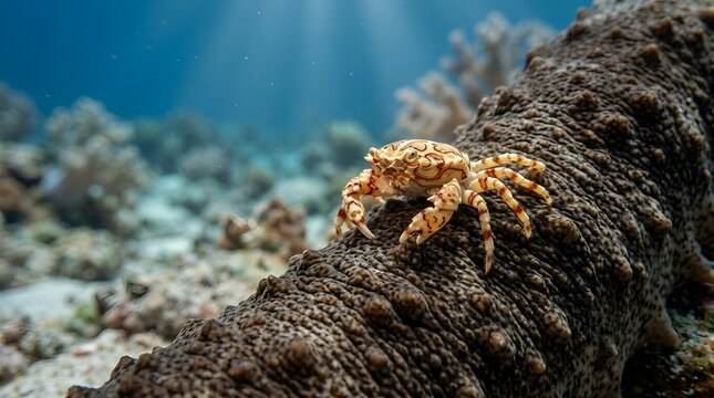 Small zebra crab resting on a sea cucumber on a coral reef underwater