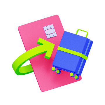 3D illustration of credit card with suitcase and circular arrow for travel refund, vacation budget, trip cancellation, luggage insurance, flight compensation, and travel reward.