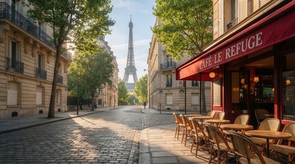 Fototapeta premium An empty cobblestone street with local cafes and the Eiffel Tower in Paris during summer morning.