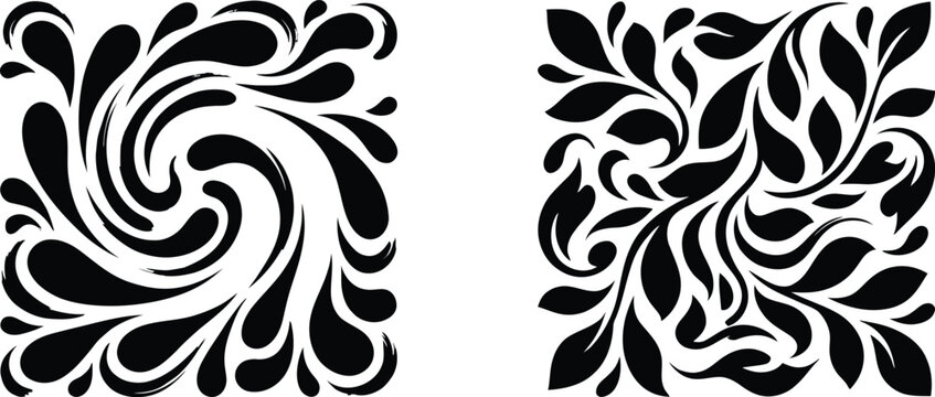 Elegant black floral square panel set featuring laser cut leaf vectors, abstract swirl drop graphics, and classic damask pattern motifs for screen stencils or modern home decor.