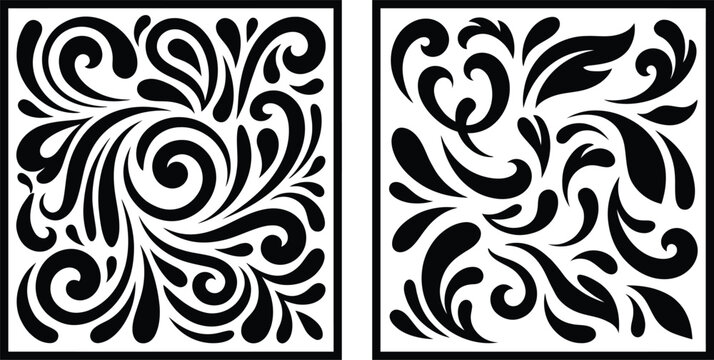 Elegant black and white decorative panel set featuring laser cut floral scroll templates, swirl vector patterns, and ornate filigree motifs for modern wall art decor designs.