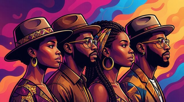 Black History Month concept featuring diverse African American faces in a vibrant abstract art style.