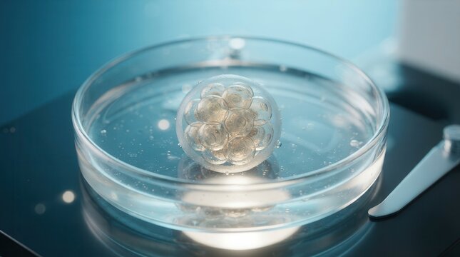 A microscopic view of early-stage embryo development in a laboratory petri dish.