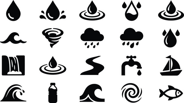 Water icon set featuring rain drop, wave, hurricane, waterfall, faucet, river, sailboat, ocean, and fish symbols for weather, nature, and eco-friendly design projects