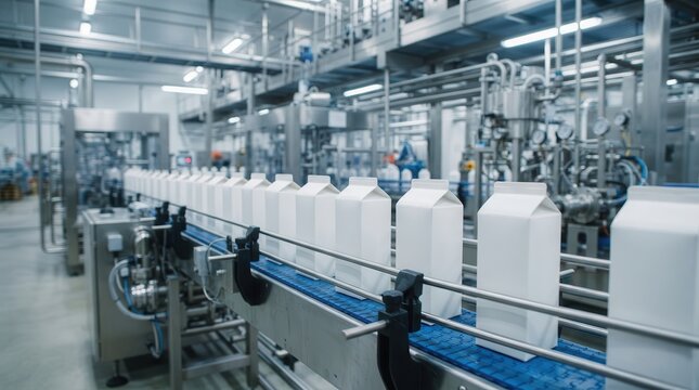Automated production line with white liquid cartons moving through a dairy processing facility.