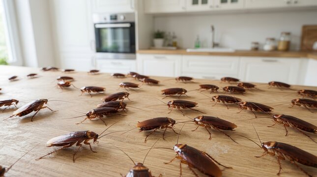 Pest control concept showing cockroaches on a kitchen surface.