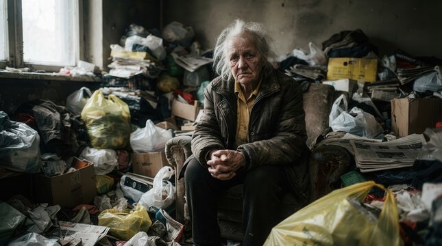 Compulsive hoarding illustrated by an elderly woman sitting in a room filled with excessive items and clutter.