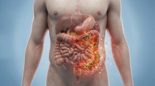 Detailed 3D depiction of Clostridium difficile infection and bacteria in the digestive system.