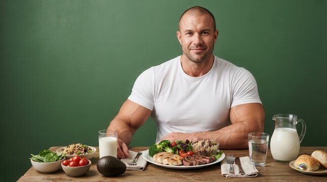 Strong man posing with a nutritious meal of vegetables, dairy, and protein-rich grilled meat.