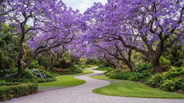 Springtime beauty in a lush garden featuring vibrant purple jacaranda trees and a winding path.