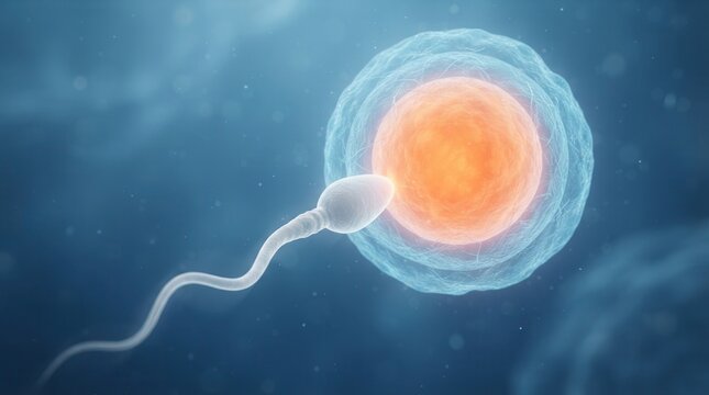 Microscopic illustration of sperm approaching a female egg cell for fertilization.