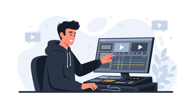 Young Man Editing Video on Computer with Editing Software and Timeline Interface