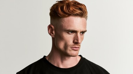Fototapeta premium Portrait of a Confident Young Man with Red Hair and Strong Facial Features Against a Neutral Background in a Studio Setting