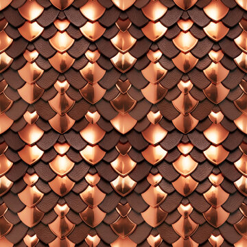 Luxury metallic bronze dragon scale seamless pattern with 3d copper armor plating for historical gothic fashion and wallpaper