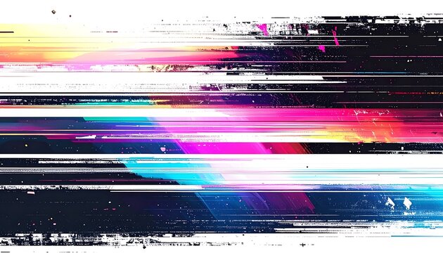 Abstract digital glitch art with vibrant neon colors and distorted lines, representing data corruption, technology error, or futuristic design elements