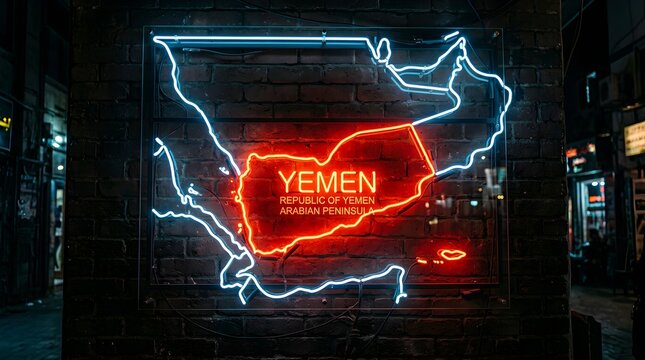 Glowing neon sign displaying the map of yemen with vibrant red and blue illumination mounted on a dark textured brick wall in a busy city night