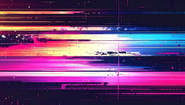 Abstract digital noise glitch effect with colorful light streaks and pixelation, digital disruption