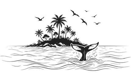 Tropical Island Paradise with Whale Tail Splash and Seagulls Flying © illustration