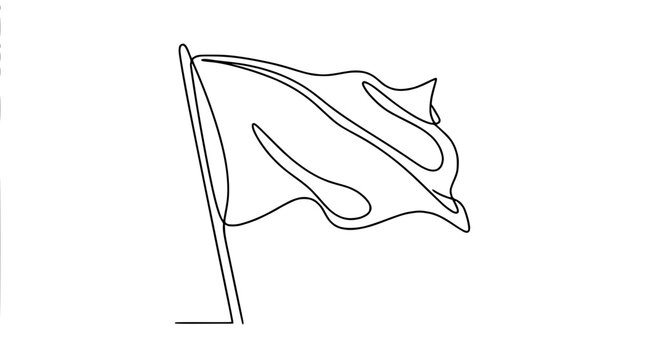 Minimalist single line drawing of a waving flag on a pole, white background