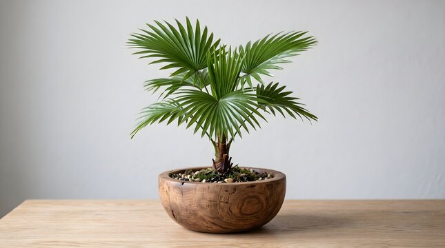 Elegant sabal palm in wooden bowl indoor plant decor