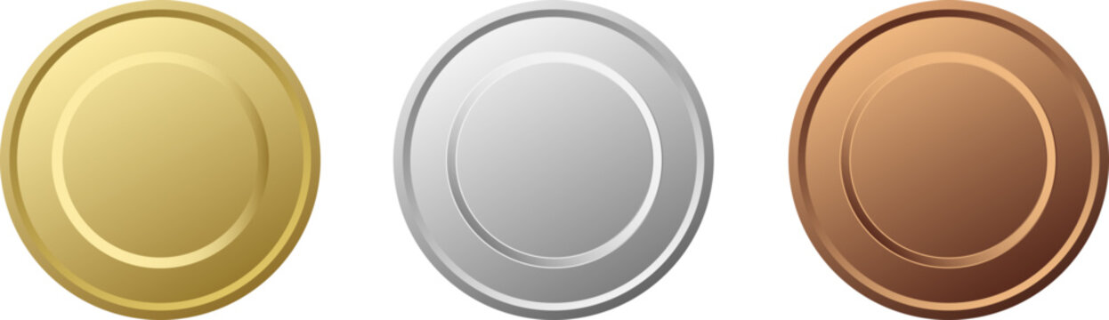 光沢感のある金銀銅の円形メダルアイコンを3種類並べた受賞ランキングやゲーム実績に使いやすい高級感のあるベクター素材