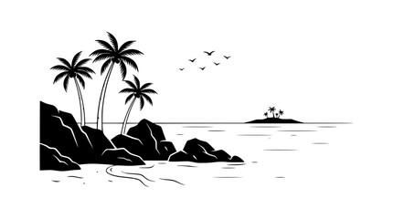 Tropical Island Paradise Silhouette: Palm Trees, Rocks, Ocean, and Distant Isle © illustration