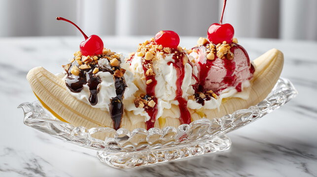 Premium National Banana Split Day celebration featuring classic banana split with vanilla chocolate and strawberry ice cream, fresh banana slices, whipped cream, chocolate syrup, strawberry syrup