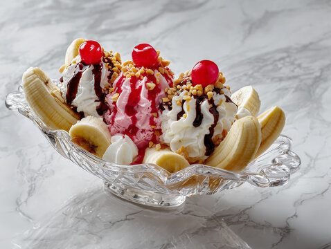 Premium National Banana Split Day celebration featuring classic banana split with vanilla chocolate and strawberry ice cream, fresh banana slices, whipped cream, chocolate syrup, strawberry syrup