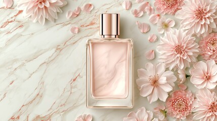 Elegant perfume bottle surrounded by soft pink flowers on a marble surface, perfect for beauty and fragrance promotions and advertising materials