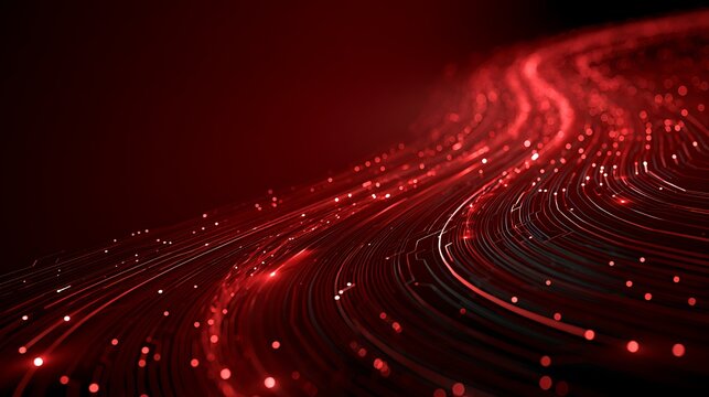 Abstract red cyber technology background with luminous circuit patterns, flowing energy lines, digital glow, futuristic business concept,