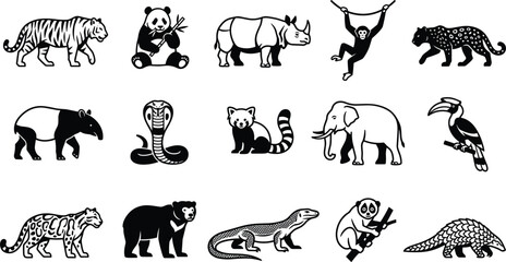 Monochrome vector illustration of asian rainforest wildlife graphic design elements isolated on white background for logo emblem tattoo sticker and branding © MAHIYA AKTER