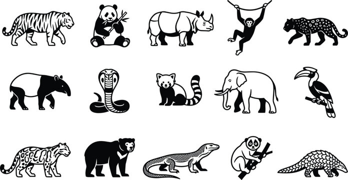 Monochrome vector illustration of asian rainforest wildlife graphic design elements isolated on white background for logo emblem tattoo sticker and branding