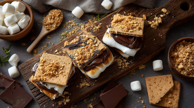 Premium National S'mores Day celebration featuring beautifully crafted homemade s'mores with golden toasted marshmallows, rich melted chocolate, crisp graham crackers, rustic wooden serving board