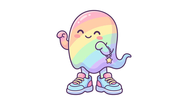 Cute Rainbow Ghost Character Waving Hello, Kawaii Style, Cartoon Ghost with Sneakers