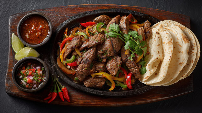 Premium restaurant-style beef fajitas served on sizzling cast iron platter with tortillas and fresh garnishes, luxury food magazine photography