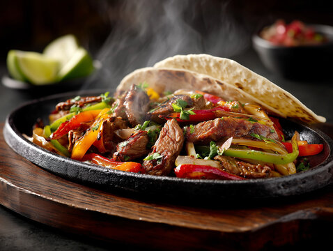 Premium restaurant-style beef fajitas served on sizzling cast iron platter with tortillas and fresh garnishes, luxury food magazine photography