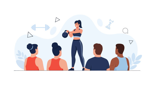 Fitness Instructor Leads Class with Kettlebell, Demonstrating Exercise to Diverse Students