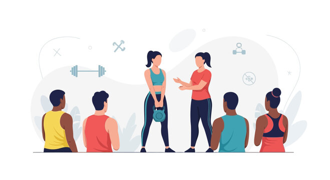 Fitness Class with Instructor Demonstrating Kettlebell Exercise to Diverse Group