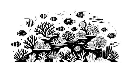 Underwater Coral Reef Ecosystem with Diverse Fish and Marine Life, Black and White Illustration © illustration 